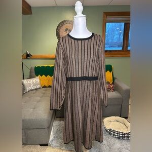 Catherine Malandrino Black and Beige Striped Long-Sleeve Dress